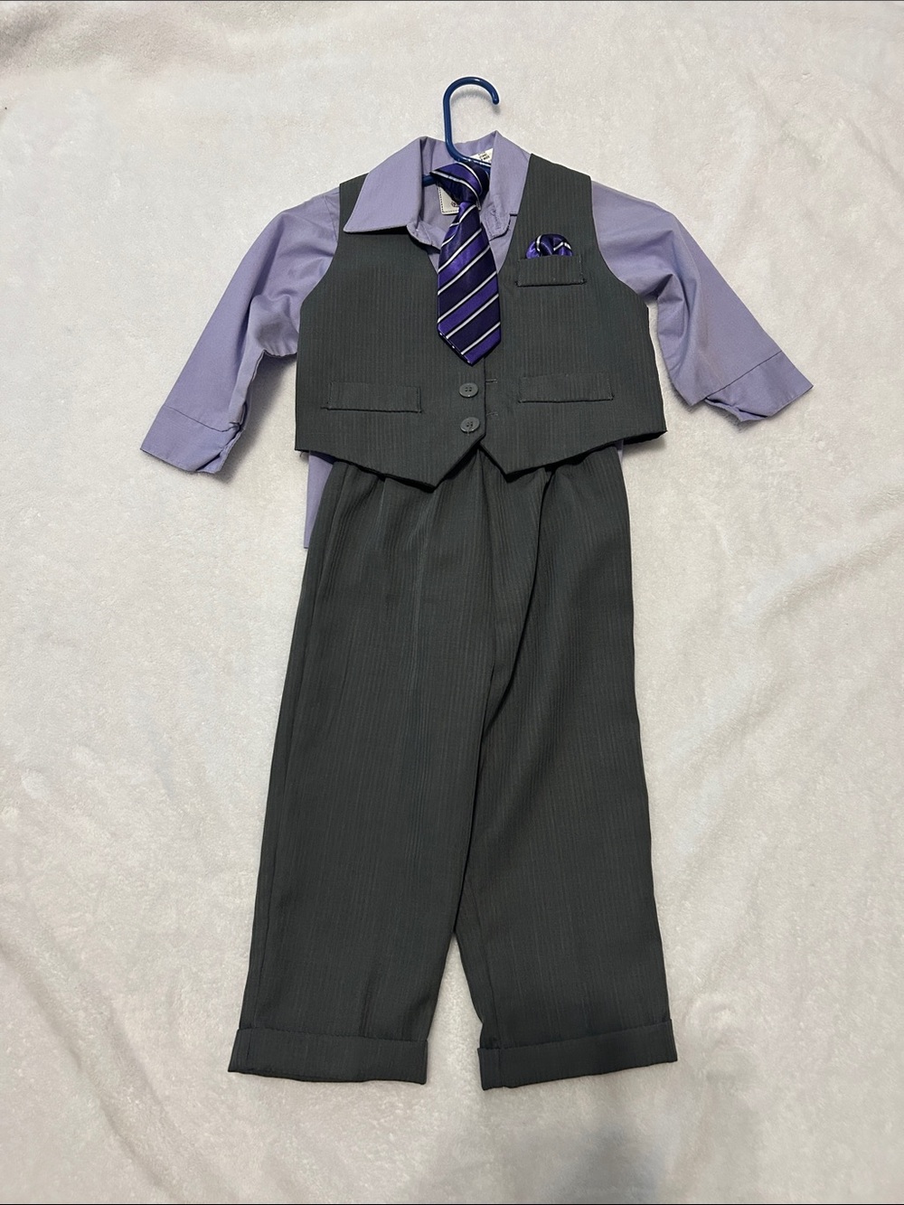 Boys Gray Pinstripe Vest Suit Set with Lavender Shirt & Striped Tie